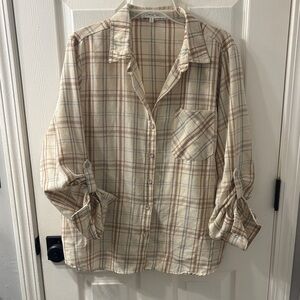 Cream Plaid Button-Up Shirt - Casual Woman’s Shirt
